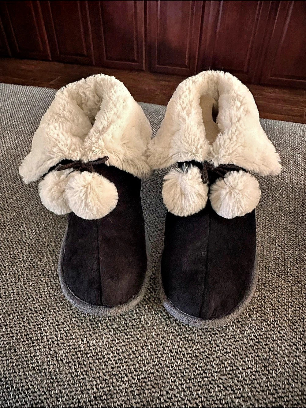 Cuddl Duds Faux Suede Sherpa Lined Pom Bootie Slippers